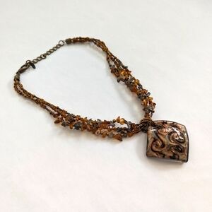 Cg Jewelry Brand Lampwork Pendant Multi-Strand Mixed Media Necklace Amber Gray